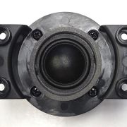 Circular speaker driver with a central cone and four mounting holes on a round plate, flanked by side brackets on a light background