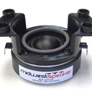 Small round speaker driver with black plastic frame and four mounting posts, labeled Midwest Speaker MT-0010 (Made in China).