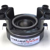 Small round speaker driver with black plastic frame and four mounting posts, labeled Midwest Speaker MT-0010 (Made in China).