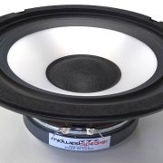 Large round speaker woofer with a silver cone and black surround, labeled Midwest Speaker.
