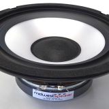 Large round speaker woofer with a silver cone and black surround, labeled Midwest Speaker.
