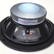 Close-up of a large loudspeaker driver showing its metal magnet, black frame, and terminal connectors.