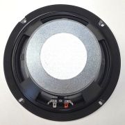 Circular speaker driver viewed from the back with a silver textured magnet cover, surrounding black mounting frame and two terminal tabs (one silver, one red) at the bottom.