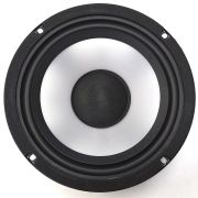 Front view of a round loudspeaker driver with a black rubber surround, white cone, and central dust cap