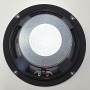 Rear view of a round speaker showing a metal diaphragm and two terminal connectors (red and silver). I